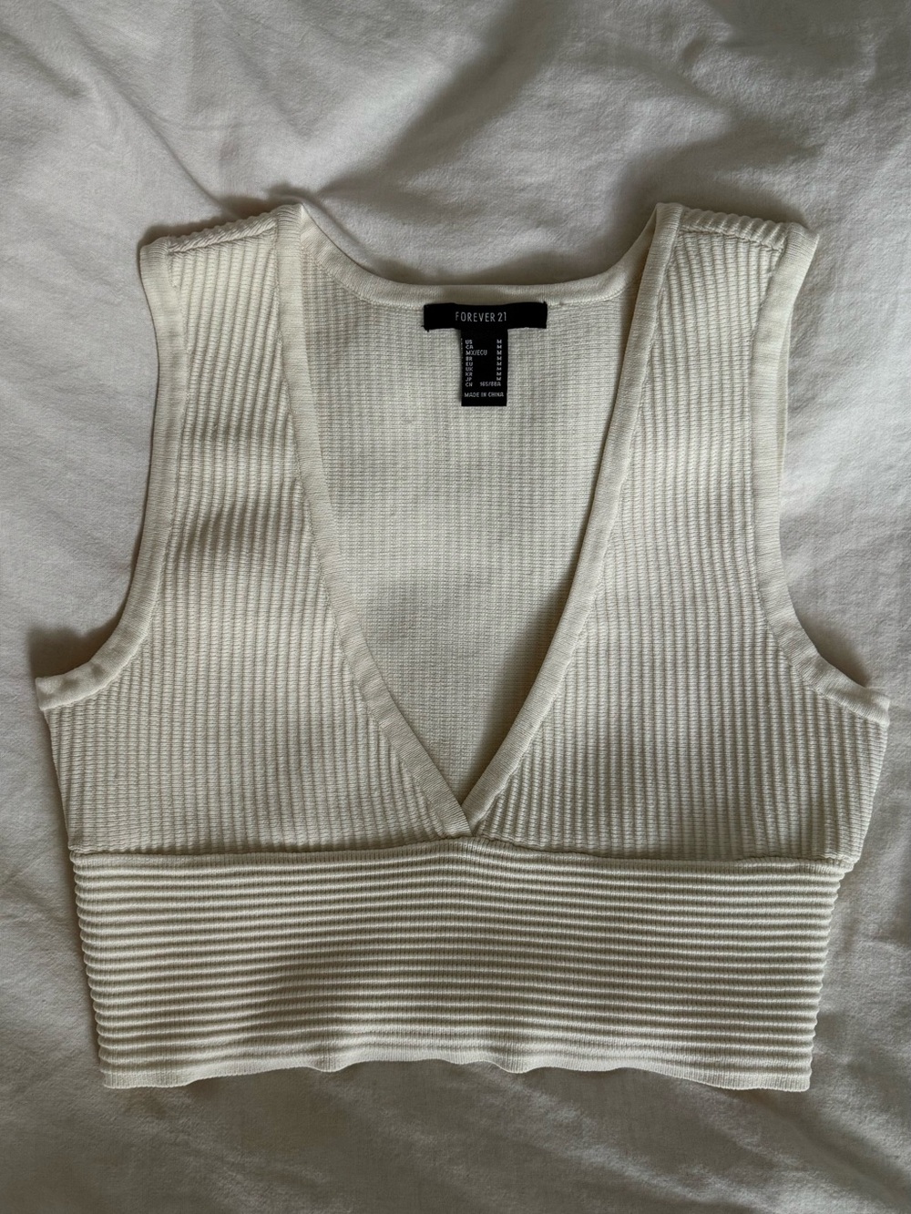 Forever 21 Cream Ribbed V-Neck Crop Tank Top